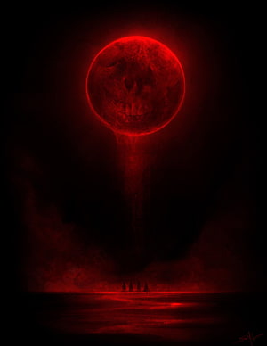 Eerie Blood Moon with Skull Face Over Dark Misty Landscape HD phone wallpaper