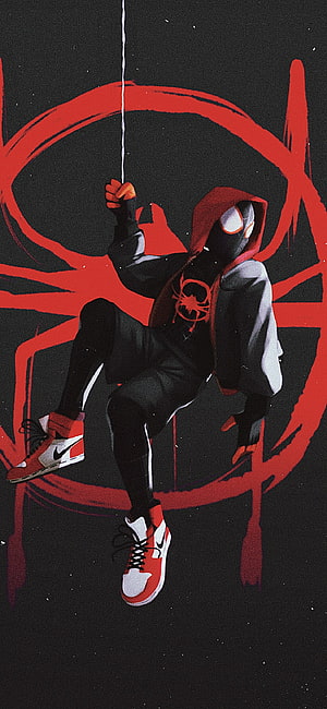 Miles Morales Spider-Man Swinging in Black and Red Hoodie Artwork, Spider Man No Way Home, spiderman, marvel, spidermannowayhome HD phone wallpaper