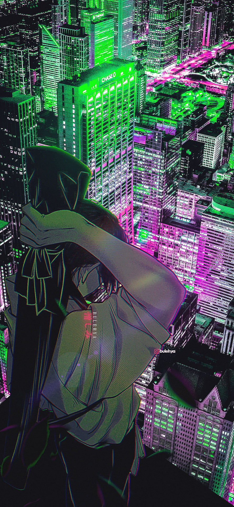 Jujutsu Kaisen Yuta Okkotsu Anime Illustration with Neon Green and Purple Cityscape Background HD phone wallpaper