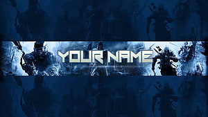 Dark Blue Gaming Channel Banner Template with Warrior Silhouettes and Custom Name Placeholder HD wallpaper