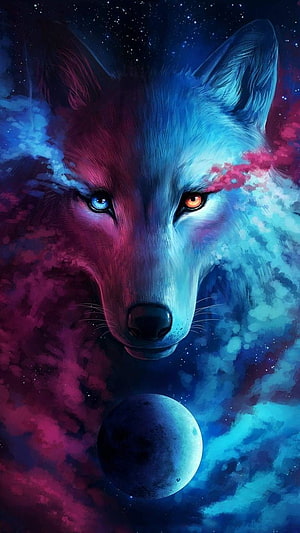 Cosmic Wolf with Heterochromia Eyes and Nebula Moon Digital Art HD phone wallpaper