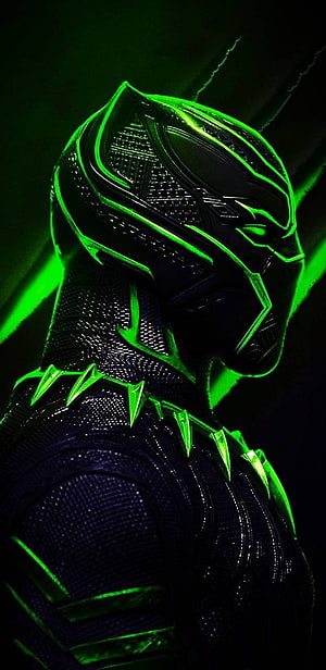 Black Panther Neon Green Armor Profile with Glowing Accents and Spiked Collar HD phone wallpaper