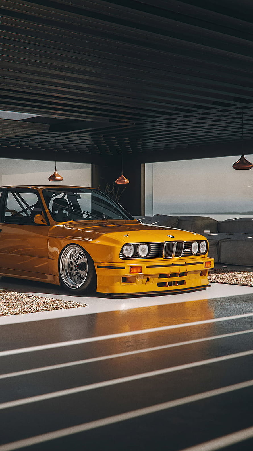 Stanced Yellow BMW E30 M3 in Modern Minimalist Interior with Polished Alloy Wheels HD phone wallpaper
