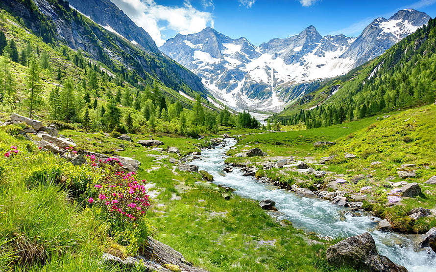 Zillertal Valley Alpine Landscape With Snow-Capped Peaks And Flowing Stream HD wallpaper