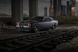 2019 Dodge Challenger SRT Hellcat Parked on Abandoned Railway Tracks at Dusk HD wallpaper