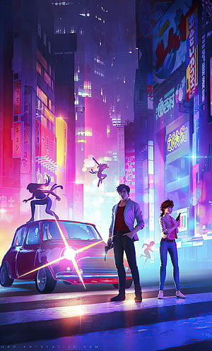 City Hunter Anime Neon Cyberpunk Cityscape with Characters and Classic Car HD phone wallpaper