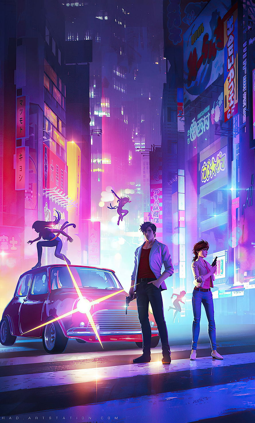 City Hunter Anime Neon Cyberpunk Cityscape with Characters and Classic Car HD phone wallpaper