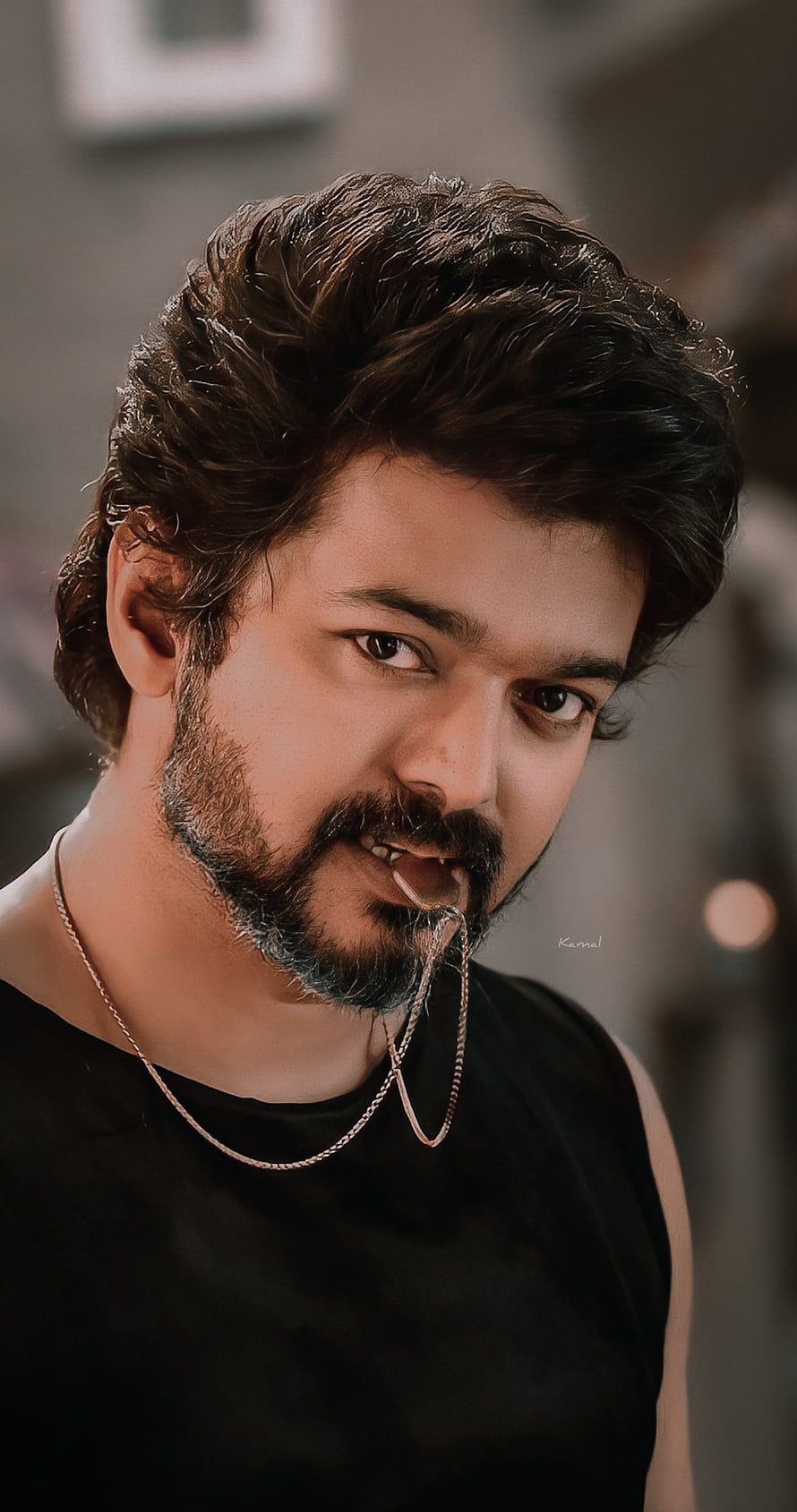 Thalapathy Vijay Portrait in Black Sleeveless Top with Gold Chain Necklace HD phone wallpaper