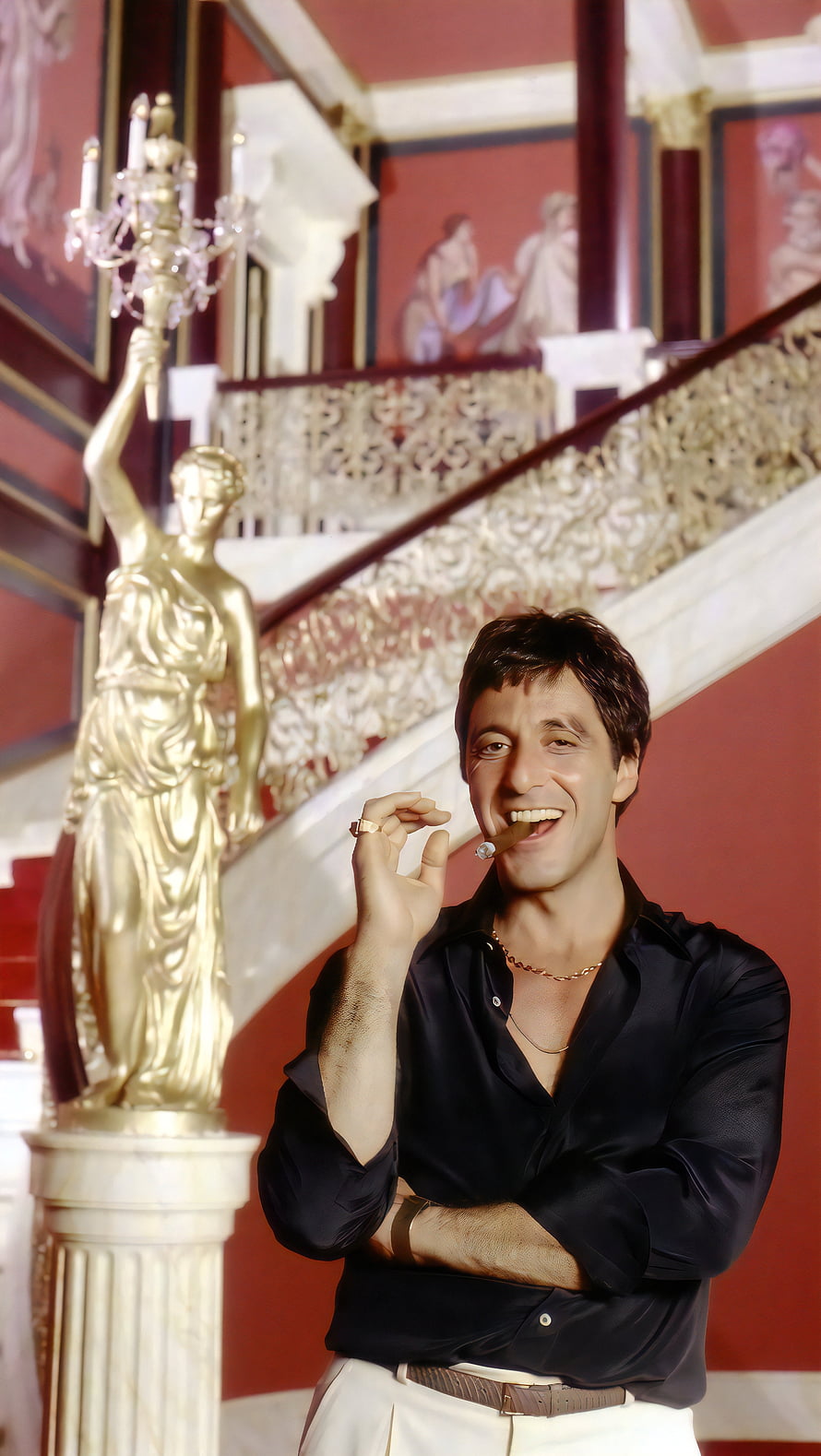 Al Pacino as Tony Montana in Scarface with cigar in opulent mansion interior HD phone wallpaper