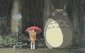 My Neighbor Totoro Rainy Night Bus Stop Scene with Satsuki and Mei HD wallpaper