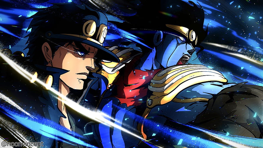 Jotaro Kujo and Star Platinum in Dynamic Blue Action Scene from Jojo's Bizarre Adventure HD wallpaper