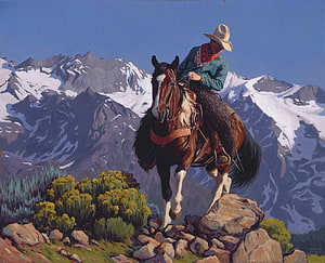 Mark Maggiori Cowboy on Horseback in Snowy Mountain Landscape HD wallpaper