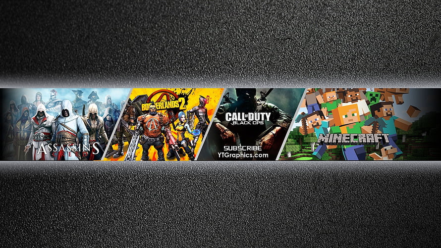 Gaming Channel Banner Featuring Assassin's Creed, Borderlands 2, Call of Duty, and Minecraft HD wallpaper