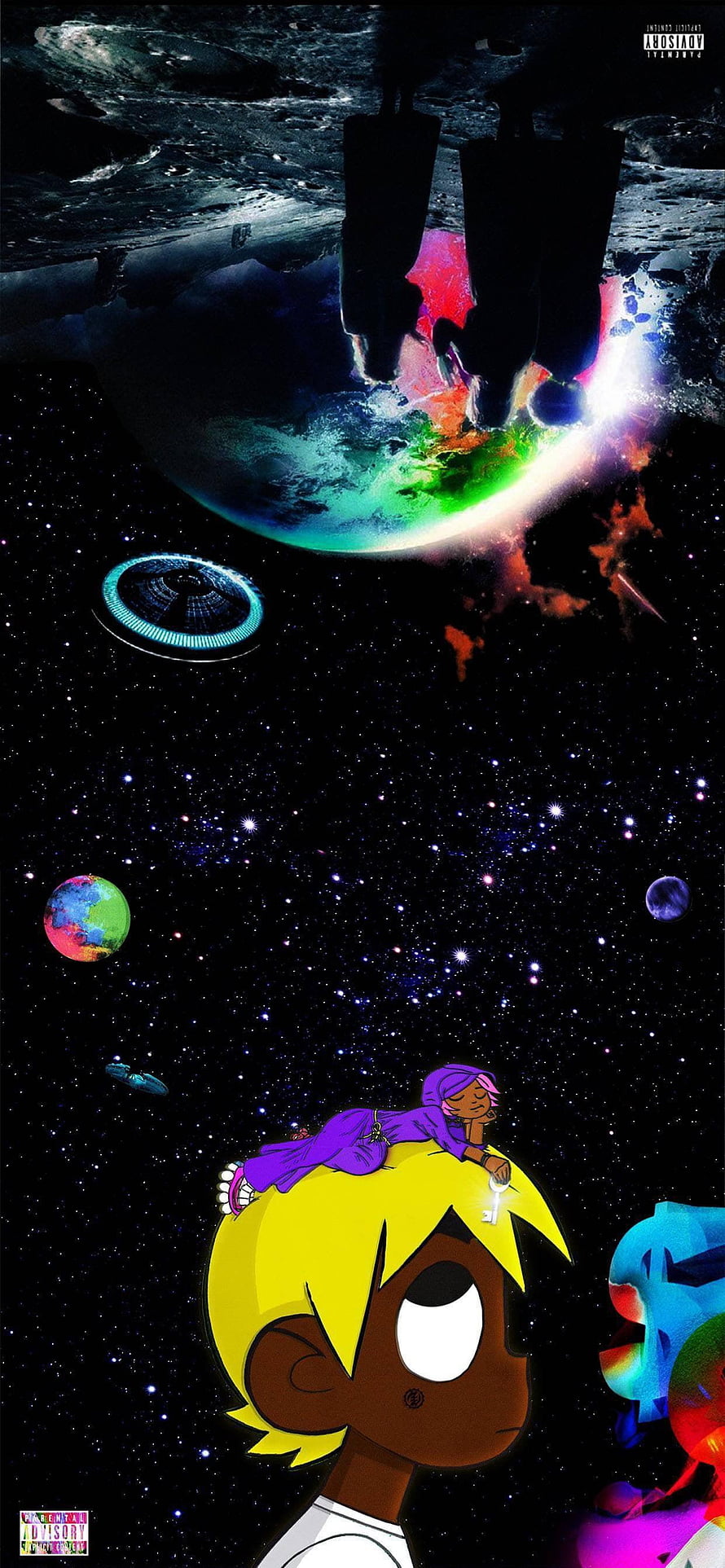 Lil Uzi Vert Cosmic Space Artwork with Cartoon Characters and Planets HD phone wallpaper