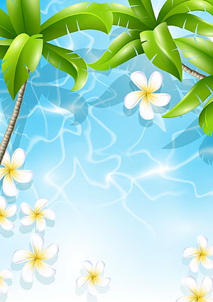 Tropical Palm Leaves and Plumeria Flowers Over Blue Water Surface HD phone wallpaper