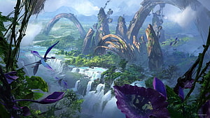 Avatar Pandora Rising Concept Art Featuring Waterfalls and Ancient Stone Arches HD wallpaper