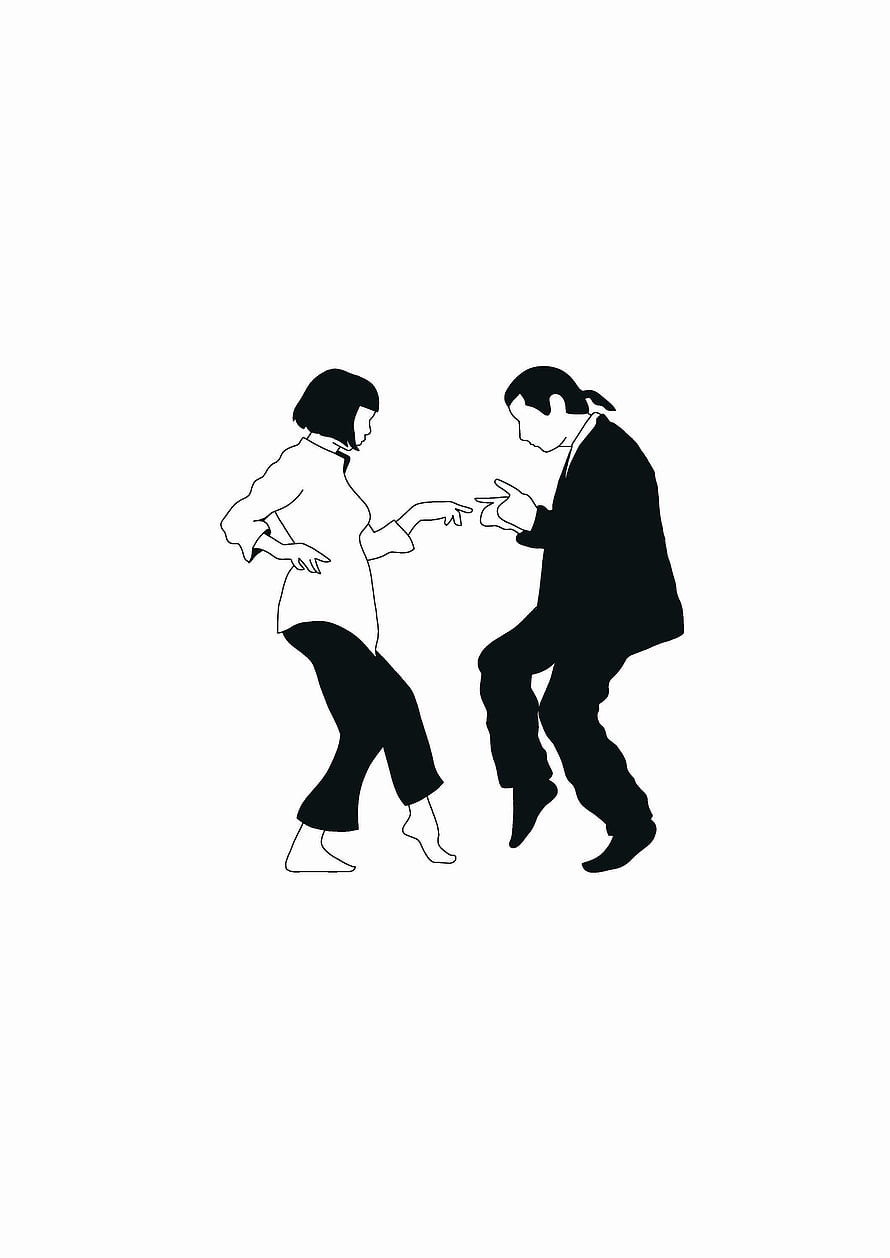 Minimalist Pulp Fiction Dance Scene Illustration Featuring Mia and Vincent in Black and White HD phone wallpaper