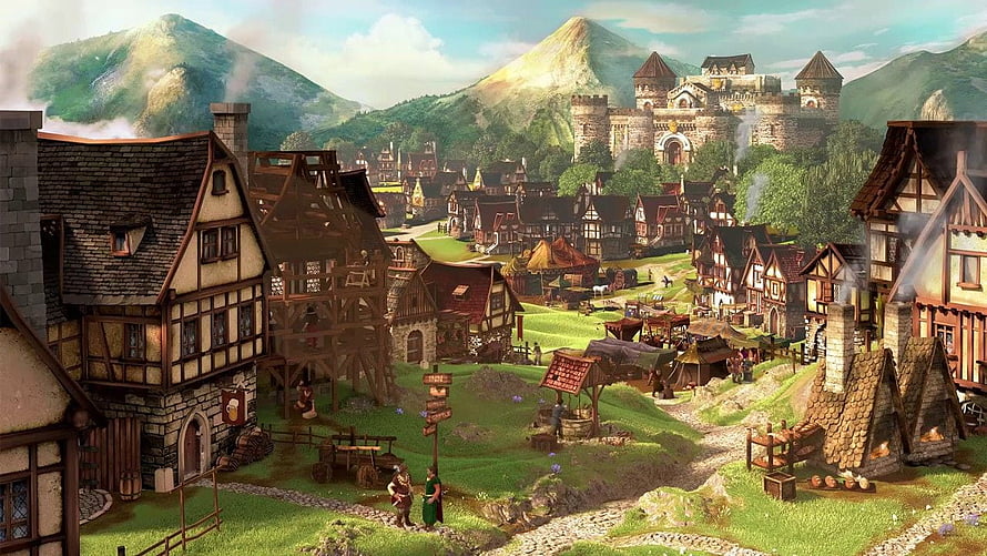 Forge of Empires Medieval Village with Castle and Market Square HD wallpaper