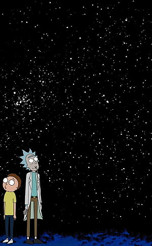 Rick and Morty Staring at a Starry Night Sky in a Minimalist Cartoon Style HD phone wallpaper
