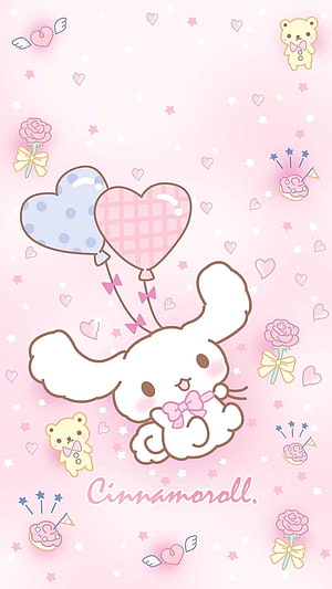 Cute Cinnamoroll Sanrio Character Floating with Heart Balloons on a Pastel Pink Background HD phone wallpaper