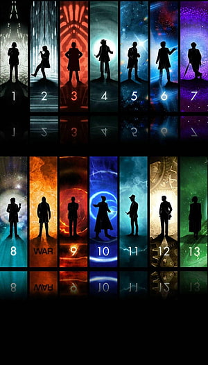 Doctor Who Series Silhouettes Grid Featuring Thirteenth Doctor and TARDIS Backdrops HD phone wallpaper