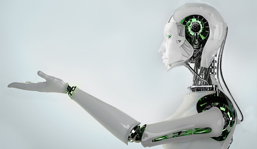 White humanoid robot with exposed green mechanical internals in profile view HD wallpaper