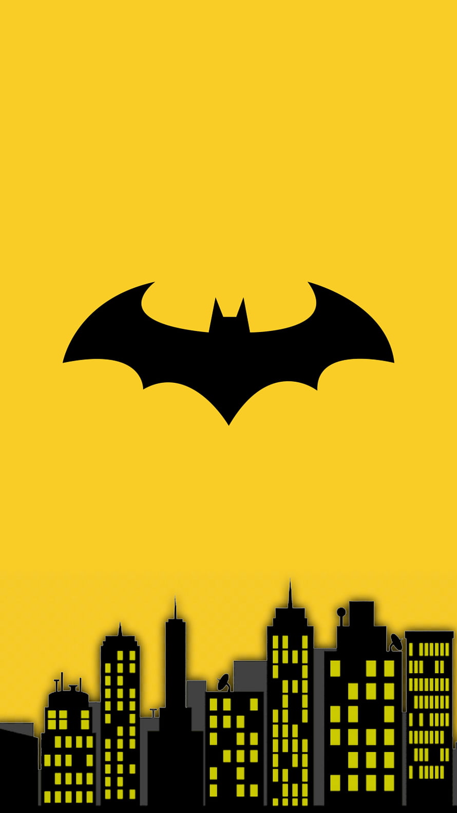 Batman Bat Signal Silhouette Over Gotham City Skyline in Minimalist Yellow and Black Style HD phone wallpaper