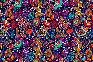 Vibrant Folk Art Pattern Featuring Stylized Birds and Floral Motifs on Dark Background HD wallpaper