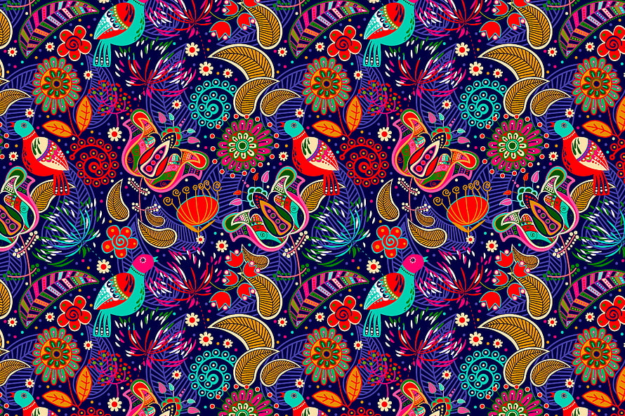 Vibrant Folk Art Pattern Featuring Stylized Birds and Floral Motifs on Dark Background HD wallpaper