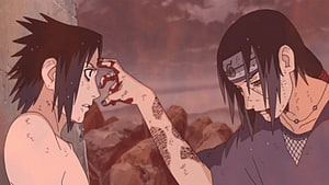 Itachi Uchiha and Sasuke Uchiha Confrontation Scene From Naruto Anime HD wallpaper
