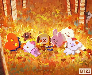 BT21 Characters Playing in Autumn Forest with Falling Leaves and Warm Golden Light HD wallpaper