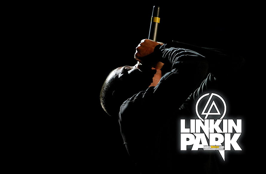 Linkin Park Live Performance Silhouette with Microphone and Band Logo HD wallpaper