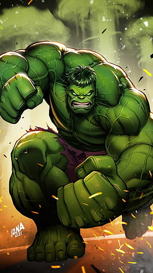 The Incredible Hulk Crouching in a Fierce Comic Book Pose with Glowing Green Skin and Tattered Purple Pants HD phone wallpaper