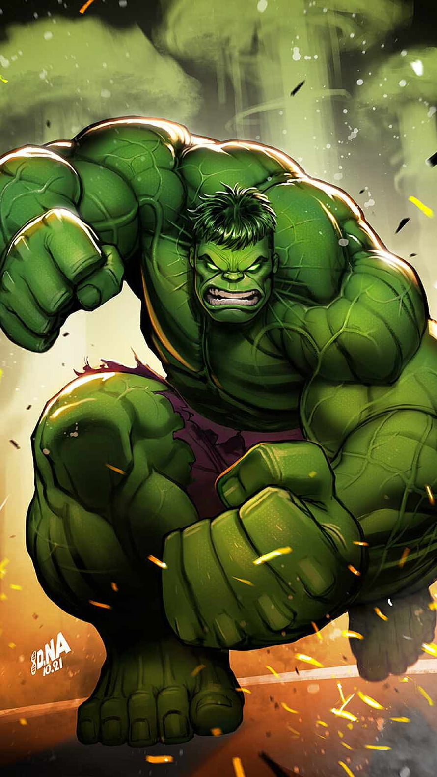The Incredible Hulk Crouching in a Fierce Comic Book Pose with Glowing Green Skin and Tattered Purple Pants HD phone wallpaper