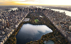 Aerial View of Central Park and Manhattan Skyline at Golden Hour in New York City HD wallpaper