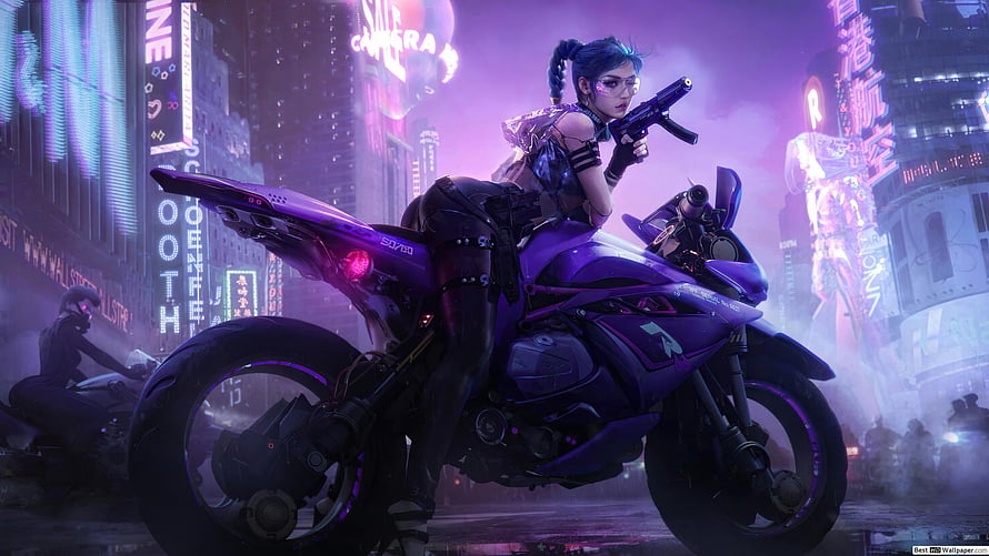Cyberpunk Biker Girl on Futuristic Motorcycle in Neon City HD wallpaper