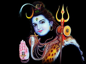 Lord Shiva Portrait with Trishul, Snake, and Crescent Moon on Black Background HD wallpaper