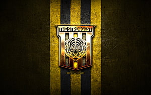 Club The Strongest FC Emblem with Golden Tiger Crest on Textured Yellow and Black Striped Background HD wallpaper