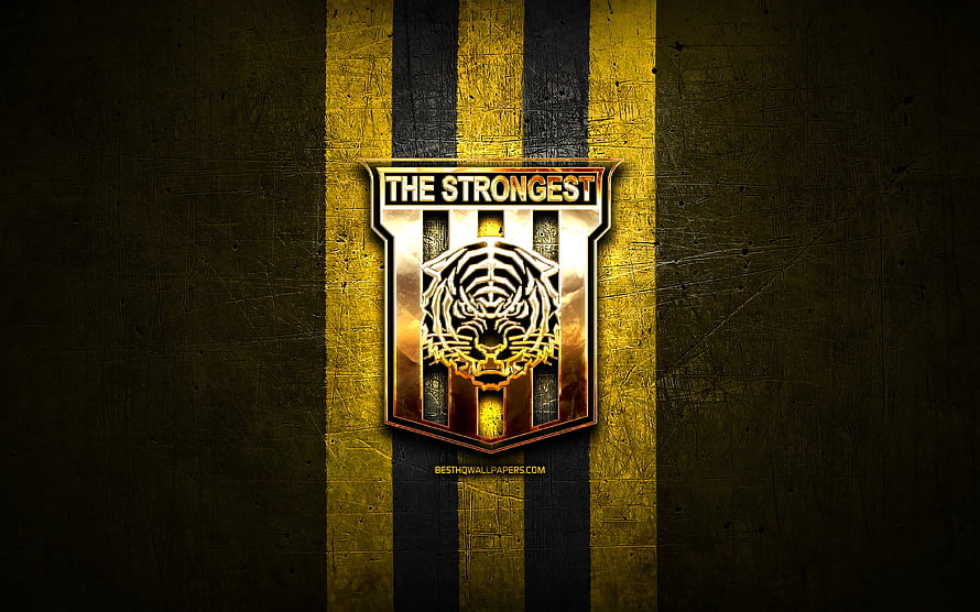 Club The Strongest FC Emblem with Golden Tiger Crest on Textured Yellow and Black Striped Background HD wallpaper