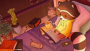 Cozy Lofi Hip Hop Illustration of a Raccoon Studying on a Laptop in Bed HD wallpaper