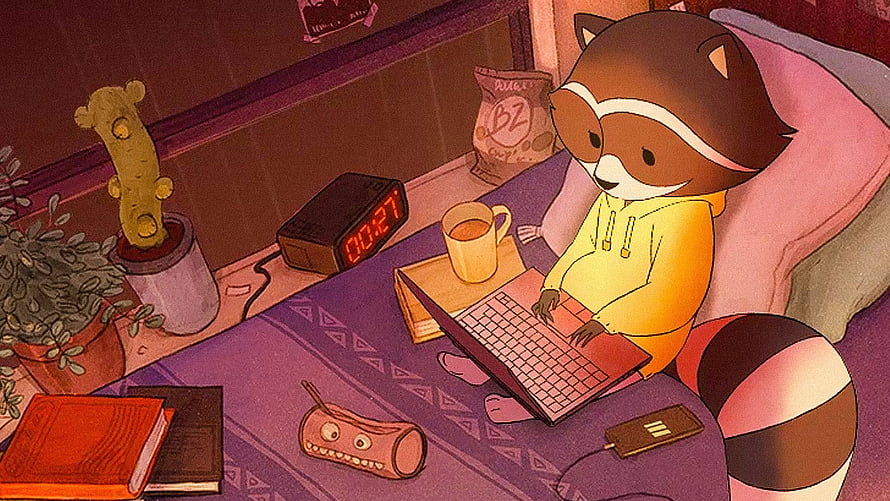Cozy Lofi Hip Hop Illustration of a Raccoon Studying on a Laptop in Bed HD wallpaper