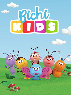 Bichi Kids Cartoon Insects on Green Meadow with Blue Sky and Clouds HD phone wallpaper