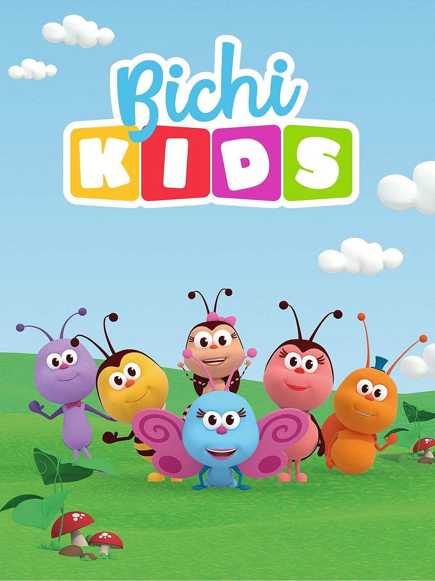Bichi Kids Cartoon Insects on Green Meadow with Blue Sky and Clouds HD phone wallpaper