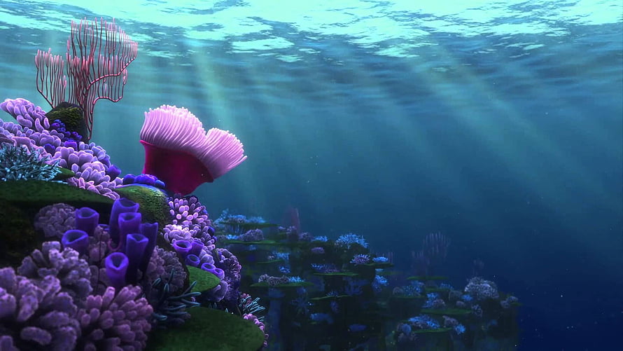 Finding Nemo Underwater Coral Reef Scene with Sunbeams and Purple Sea Life HD wallpaper