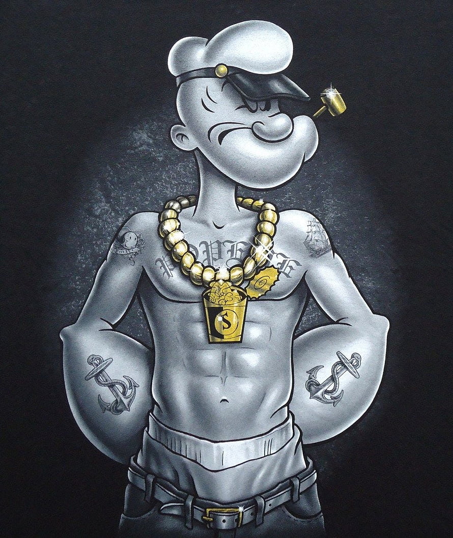 Popeye the Sailor Man Tattoo Style Illustration with Gold Chain and Anchor Ink HD phone wallpaper