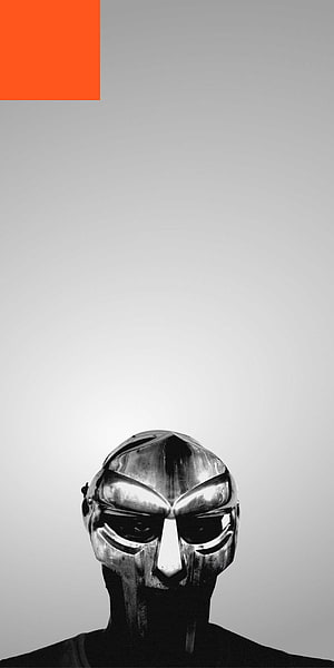 MF DOOM Chrome Mask Portrait with Orange Accent on Minimalist Gray Background HD phone wallpaper
