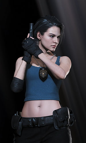 Jill Valentine from Resident Evil 3 Remake in Tactical Gear with Pistol and Badge HD phone wallpaper