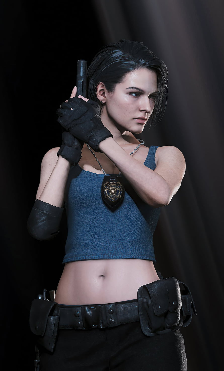 Jill Valentine from Resident Evil 3 Remake in Tactical Gear with Pistol and Badge HD phone wallpaper
