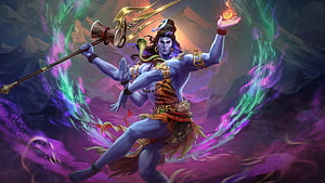 Shiva wielding trident and cosmic fire in vibrant Smite game art HD wallpaper