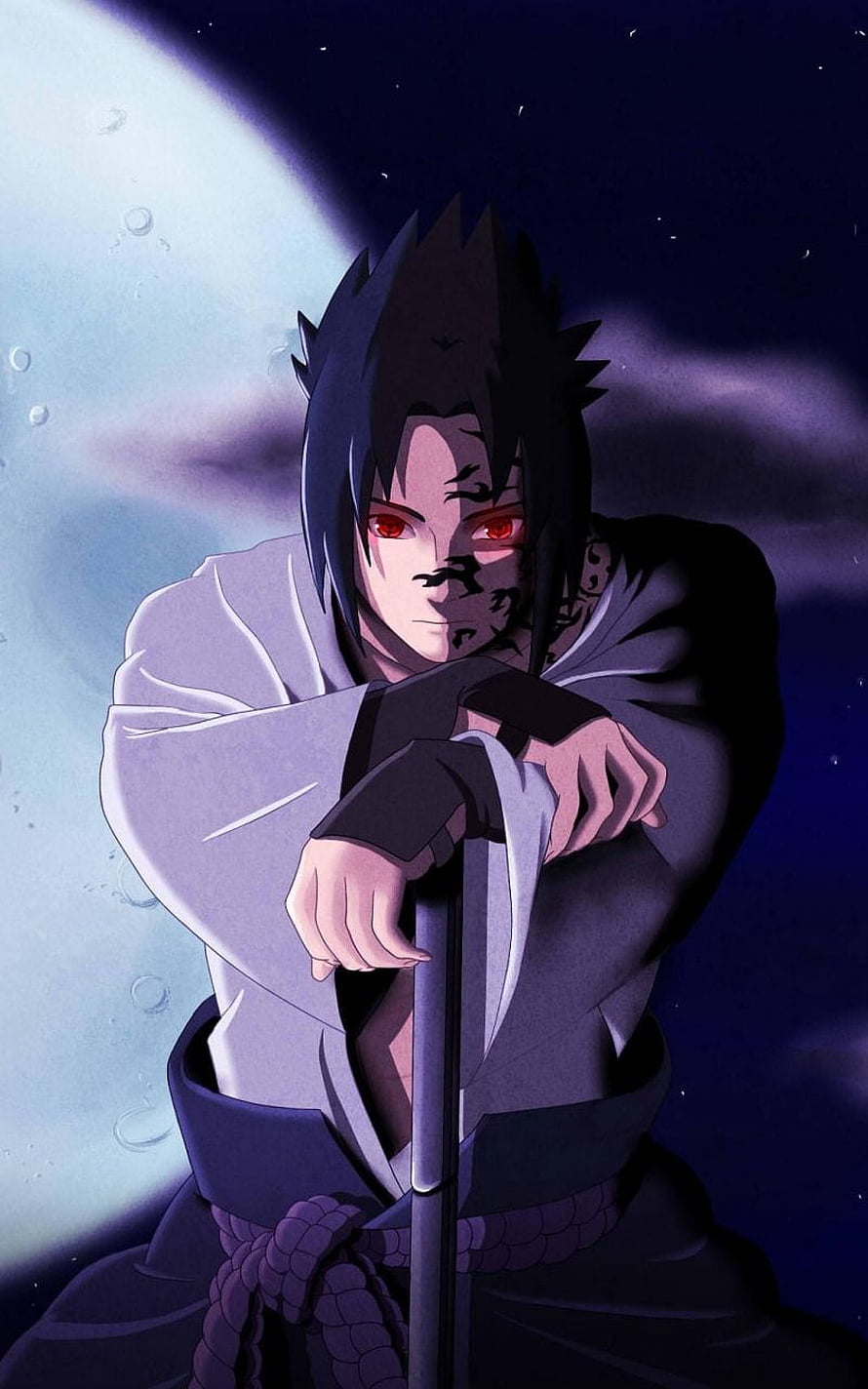 Sasuke Uchiha in Tenseigan Form Leaning on Sword Under a Full Moon HD phone wallpaper